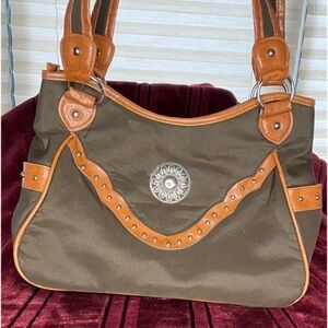 Canyon Sky Shoulder Bag, Brown/Dk Tan, 12”Across, 8”V, 3”W, Zip Close, T5